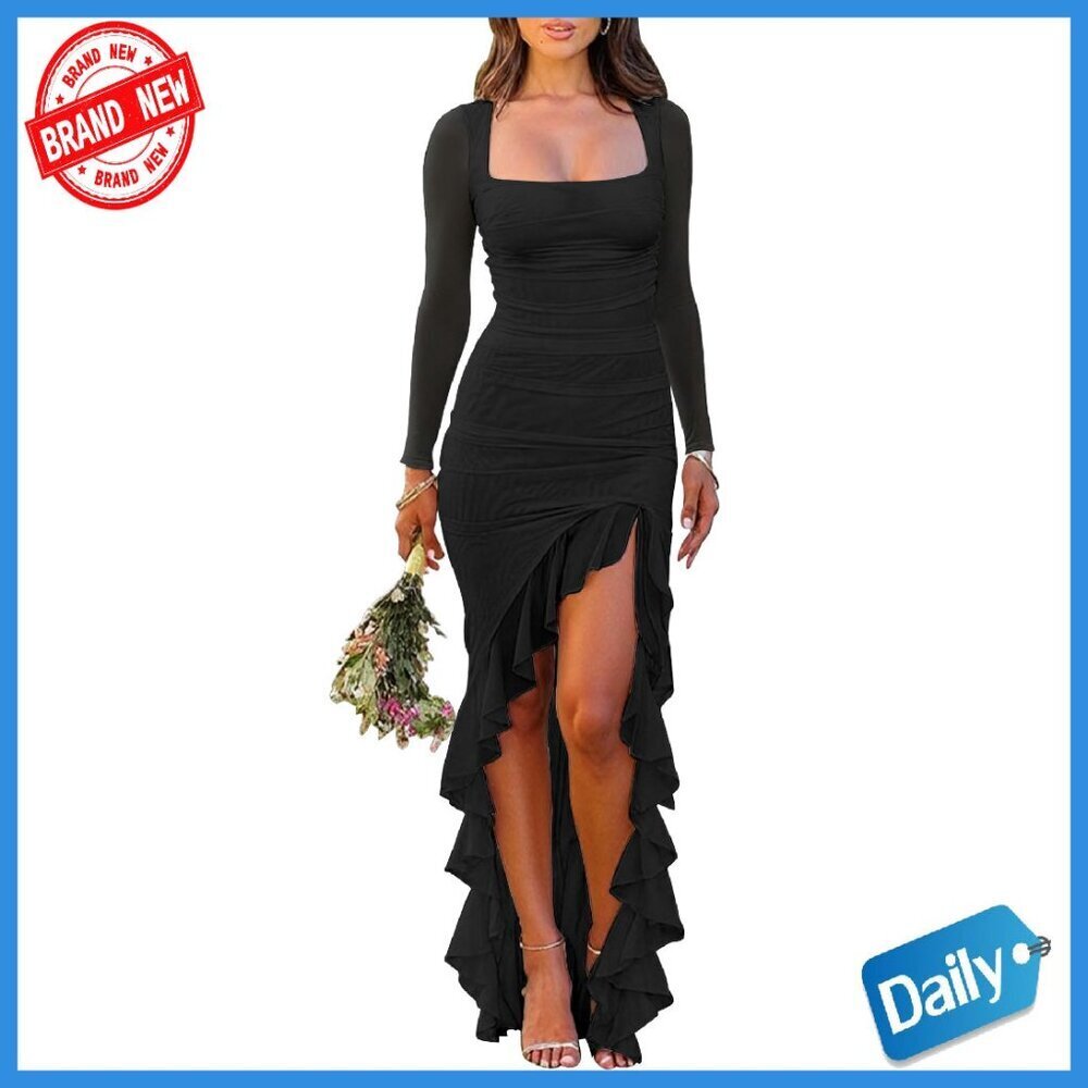 Women's Ruched Bodycon Maxi Dress Mesh Long Sleeve Square Neck